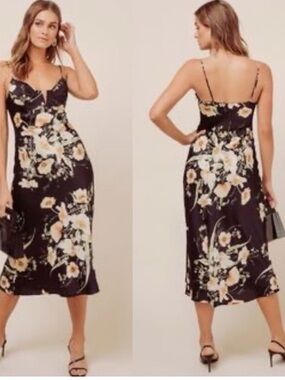 ASTR the Label - Coralie Underwire Midi Dress in Black-Yellow Floral - Size